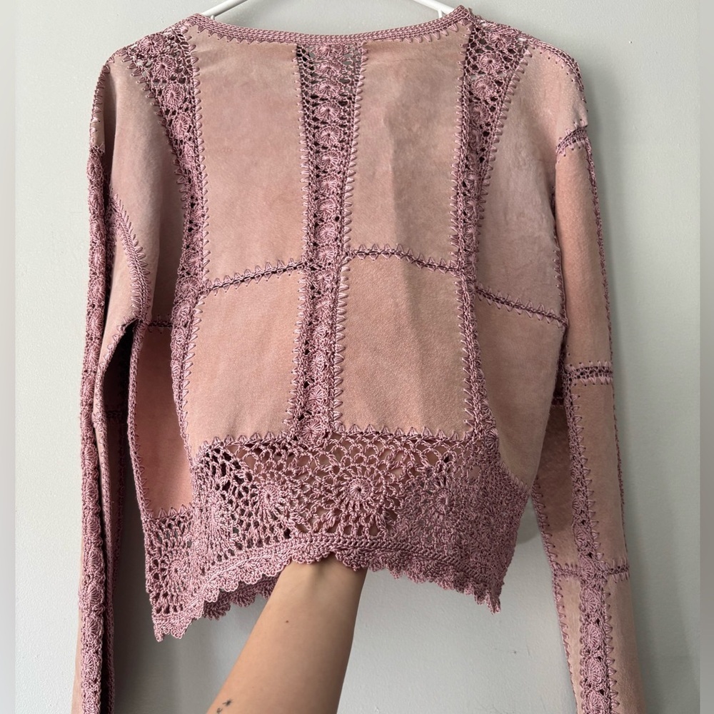 Y2K Fairycore Pink Suede crochet cottage Boho Knitwear Festival cardigan - Large - Picture 9 of 12